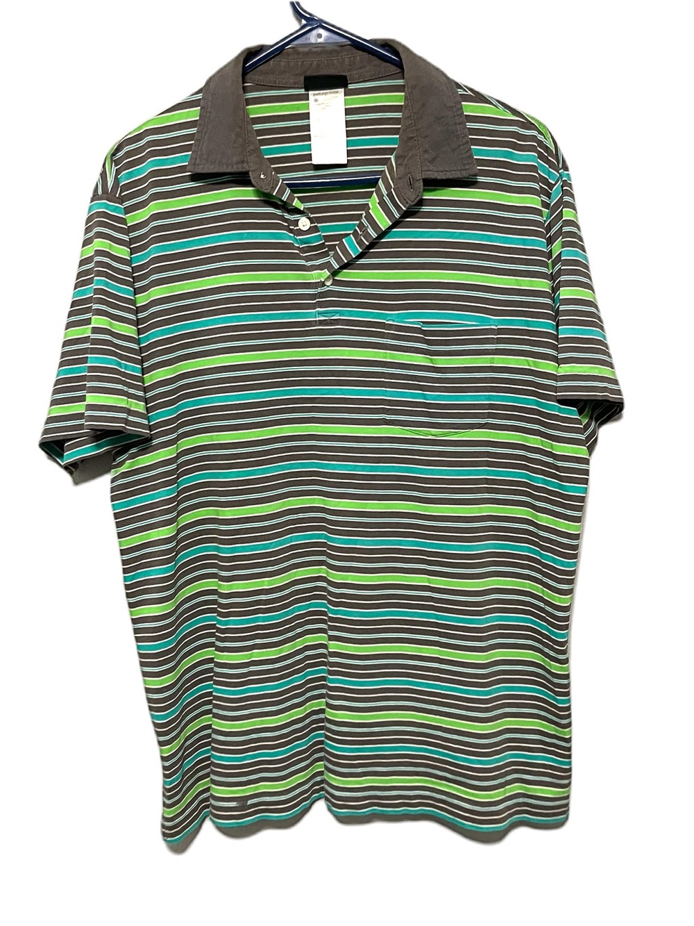 Patagonia Striped Short Sleeve Polo Shirt Gray Green Casual Mens large